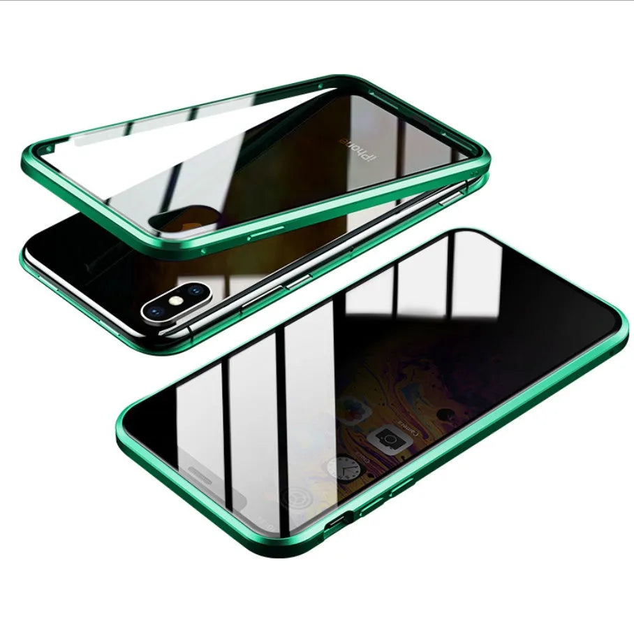 Black glass clamshell anti-spy case on an iPhone, showing geometric design and solid colour.