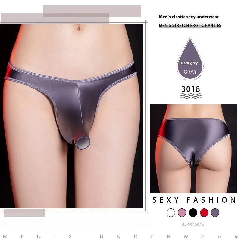 Men's shiny nylon low waist T-back underwear in black, shown from front and back.