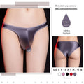 Men's shiny nylon low waist T-back underwear in black, shown from front and back.