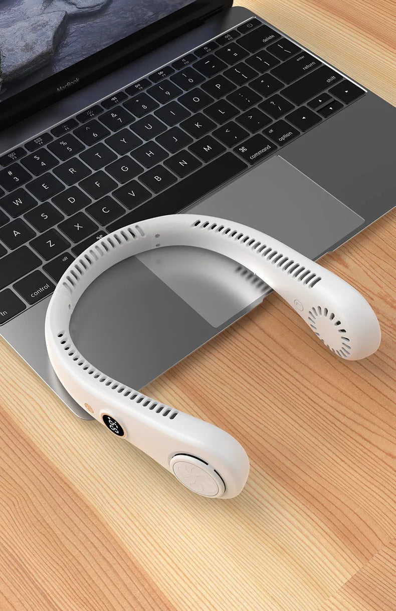 Blue bladeless neck fan with USB charging port and adjustable speed controls