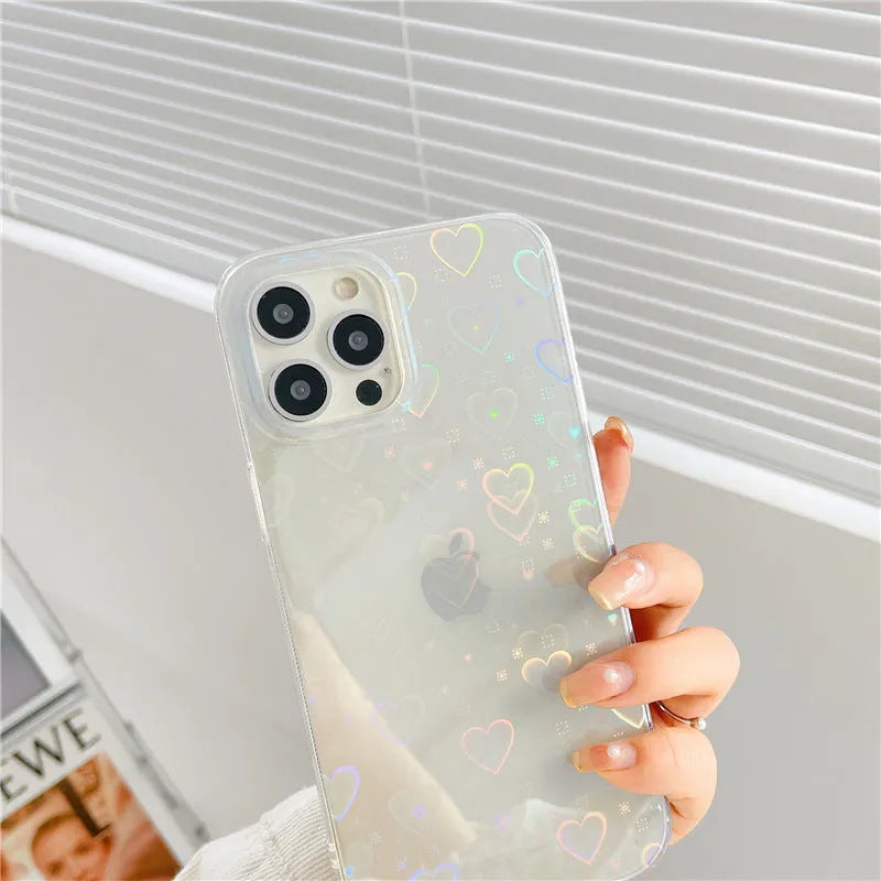 Transparent silicone iPhone case with laser colourful love design shown on iPhone
