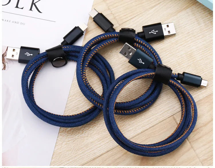 Denim braided USB Type-C cable with aluminium connectors in black, blue, or red, showing length options.
