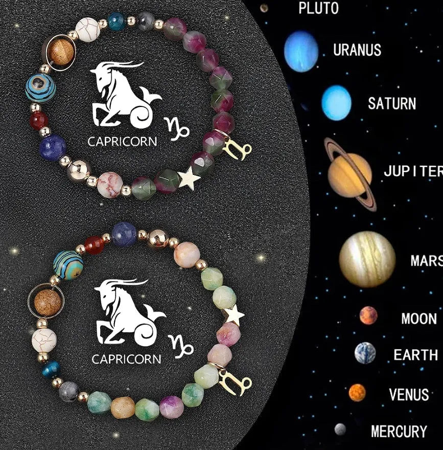 Natural stone beaded zodiac bracelets showing twelve astrological sign designs on elastic cord