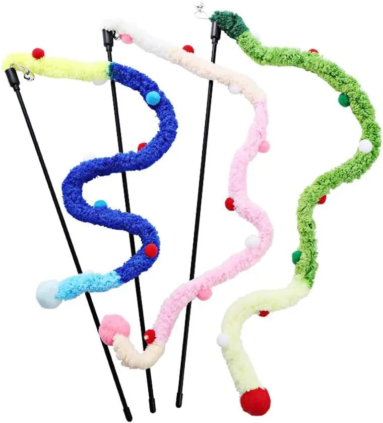 Blue cat wand toy with plush strip and bell, showing 41cm pole and 60cm strip dimensions