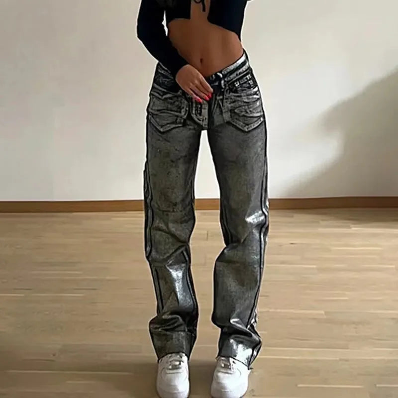 Personality blue high-waist straight-leg jeans with contrast colour details on cotton denim fabric