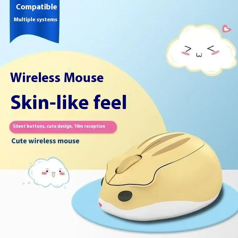 Hamster wireless Bluetooth mute mouse in yellow, pink, or grey colour, showing compact 105mm design