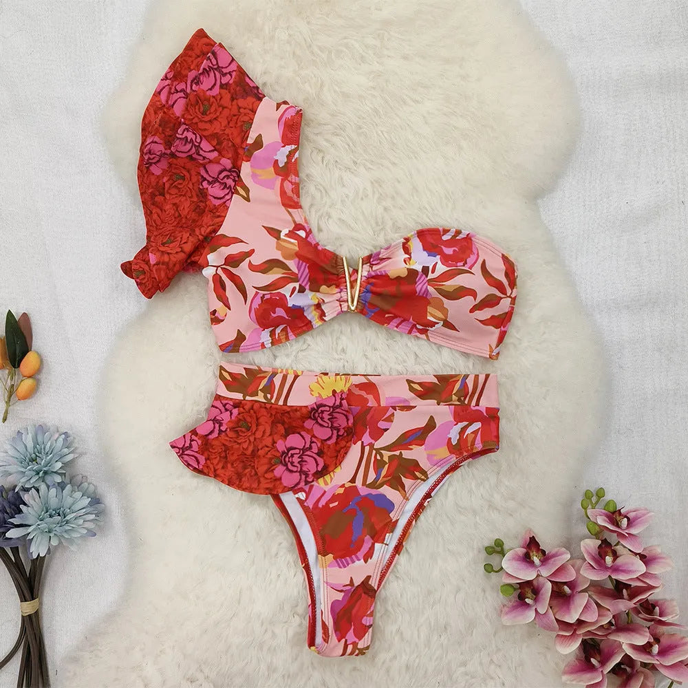 Women's pink floral one-shoulder ruffled high-waist bikini for swimming