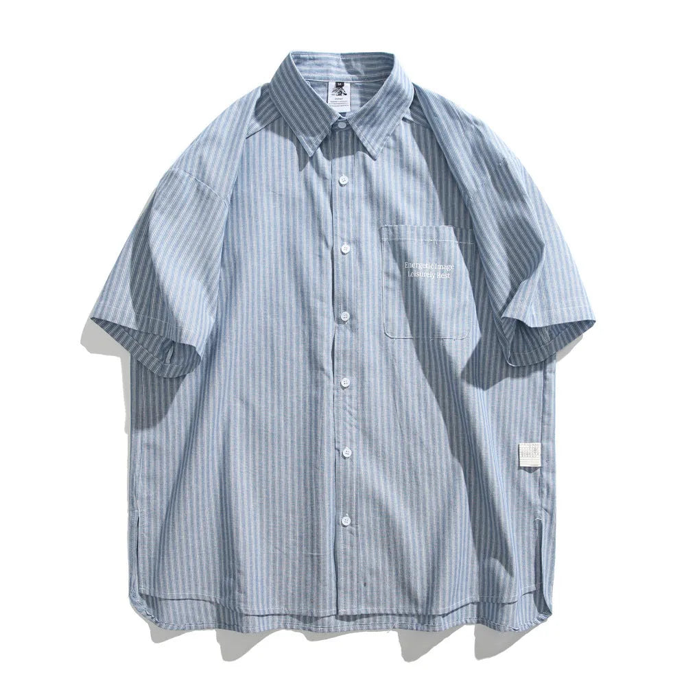 Blue striped short-sleeved overalls shirt with a loose cardigan fit