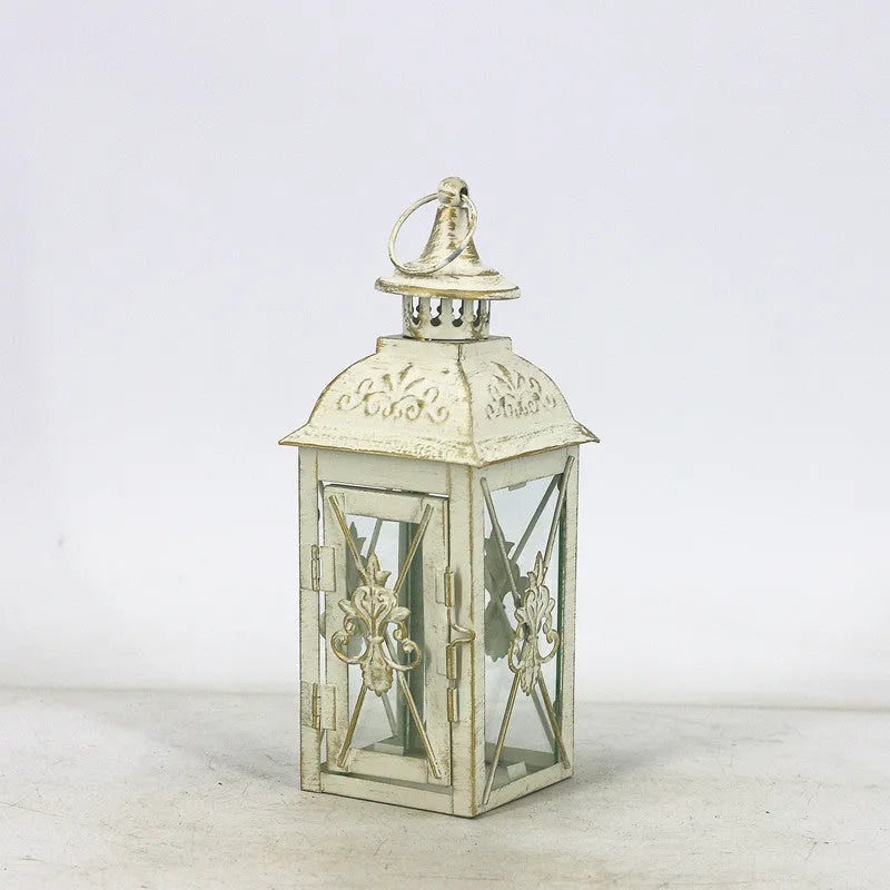 European style black and white wrought iron floor-standing storm lantern with tempered glass for courtyard decoration