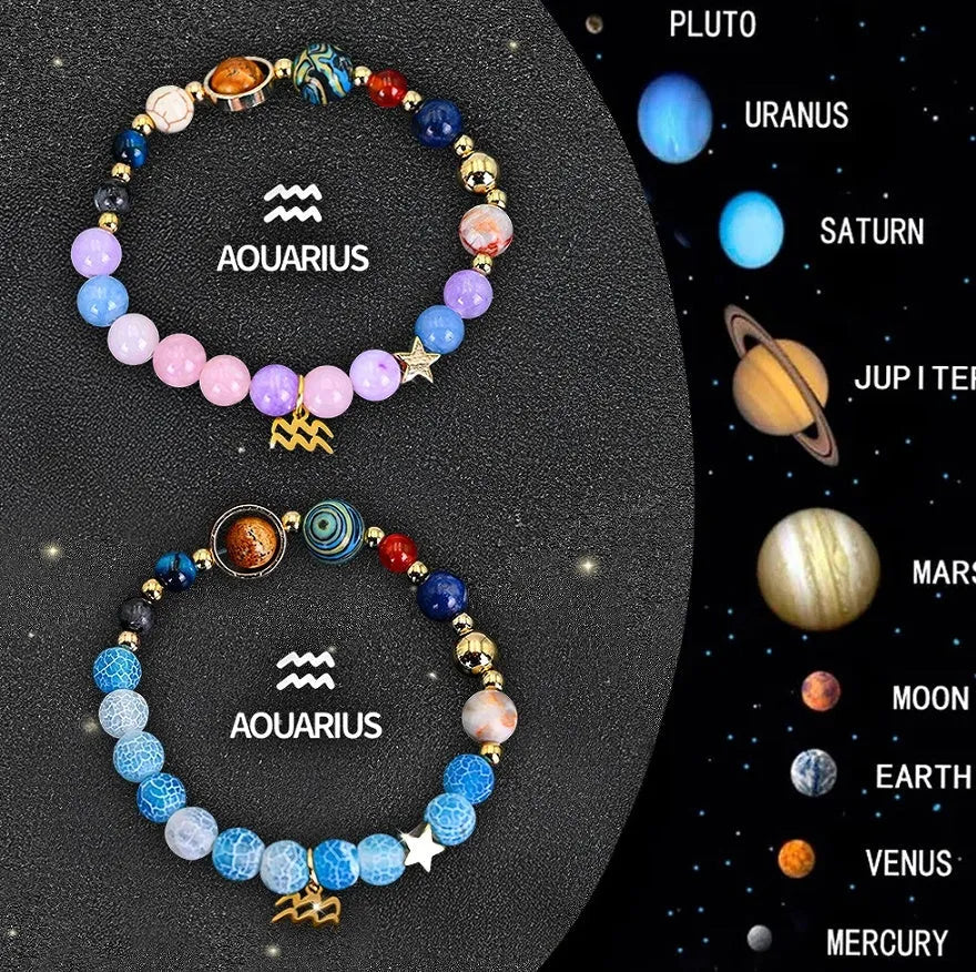Two natural stone beaded bracelets with Chinese zodiac charms on elastic cord