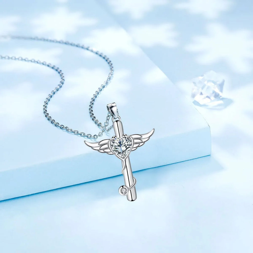 Copper cross stethoscope necklace with wings pendant in white diamond or red diamond electroplated finish