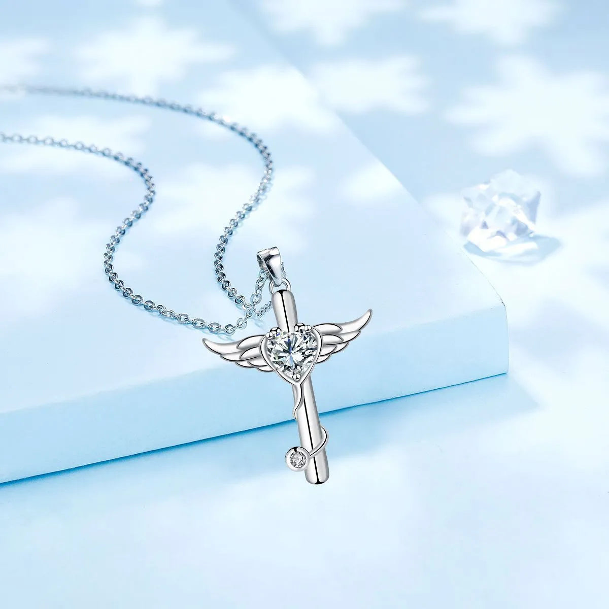 Copper cross stethoscope necklace with wings pendant in white diamond or red diamond electroplated finish