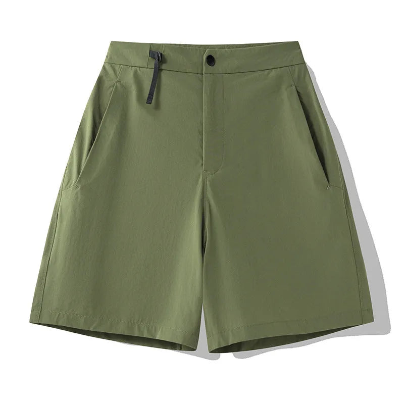 Men's quick-drying nylon spandex sports shorts in khaki colour with elastic waist and 3D cut design.