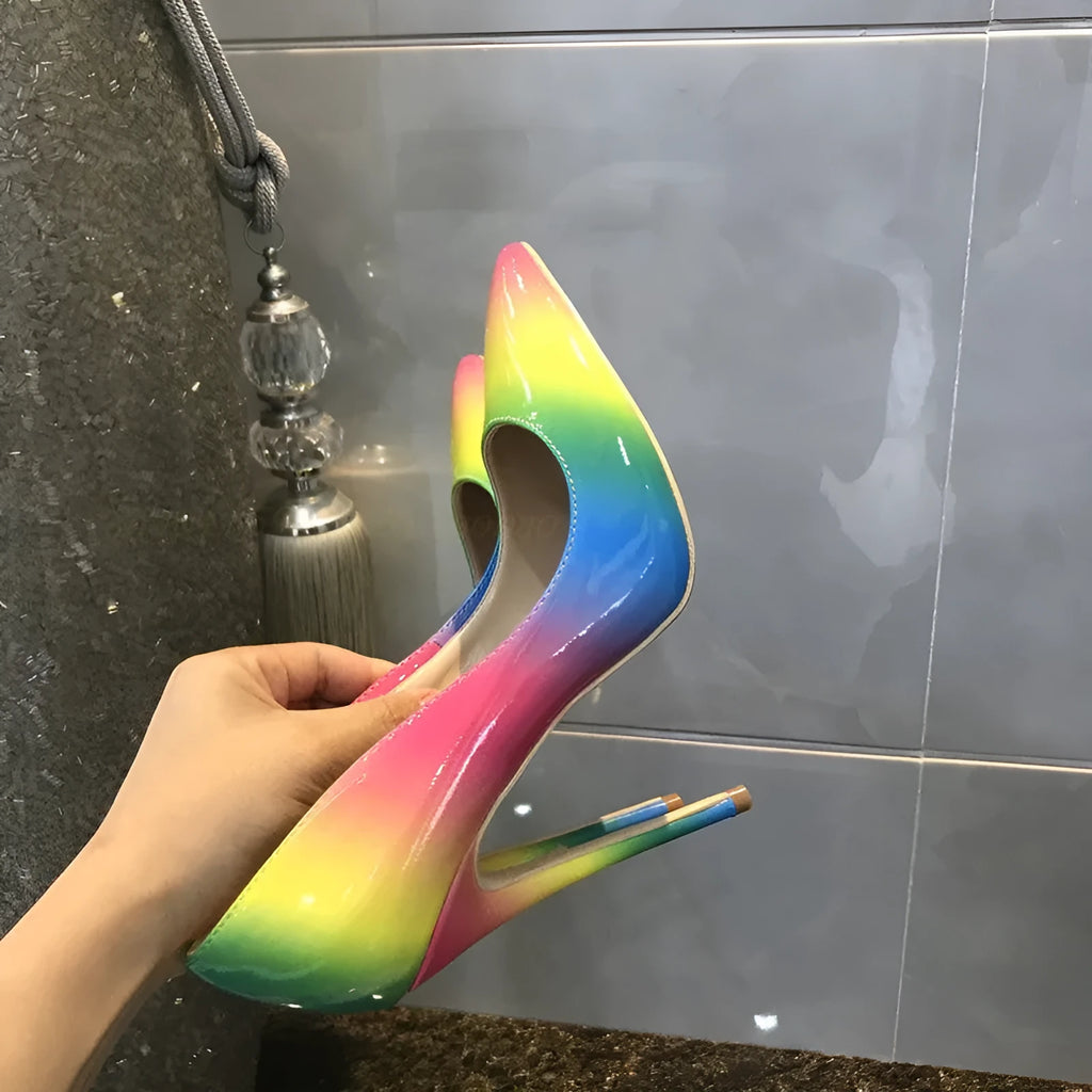 Rainbow patent leather super high heels with pointed toe and ultra-high thin heel in 10cm or 12cm height options