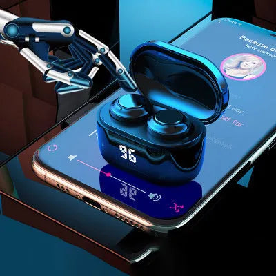 Black in-ear stereo Bluetooth headset with earpieces for both ears.