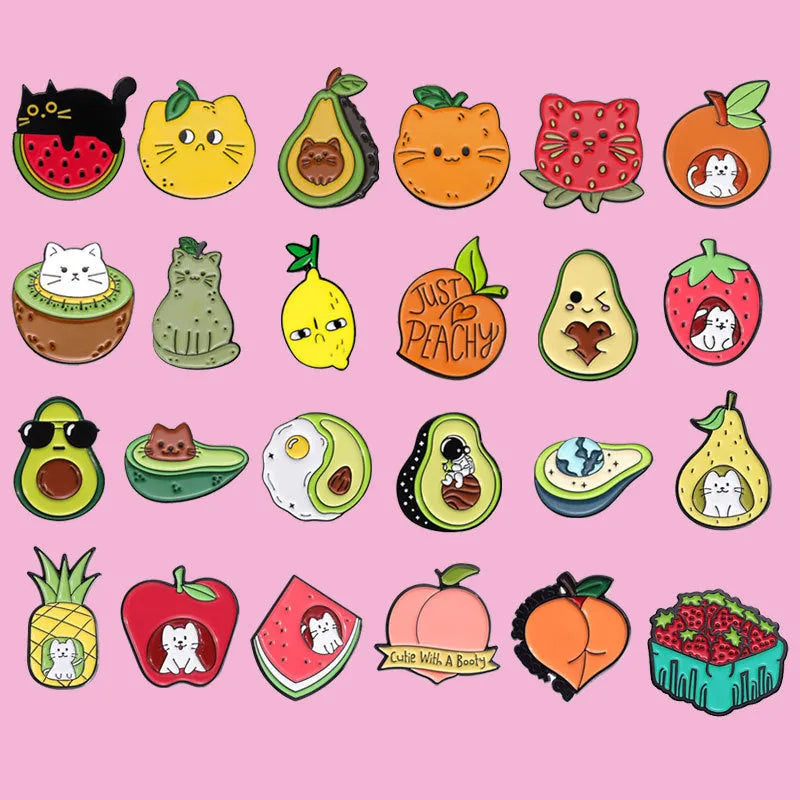 Colourful cartoon fruit design on a metal brooch pin with zinc alloy construction