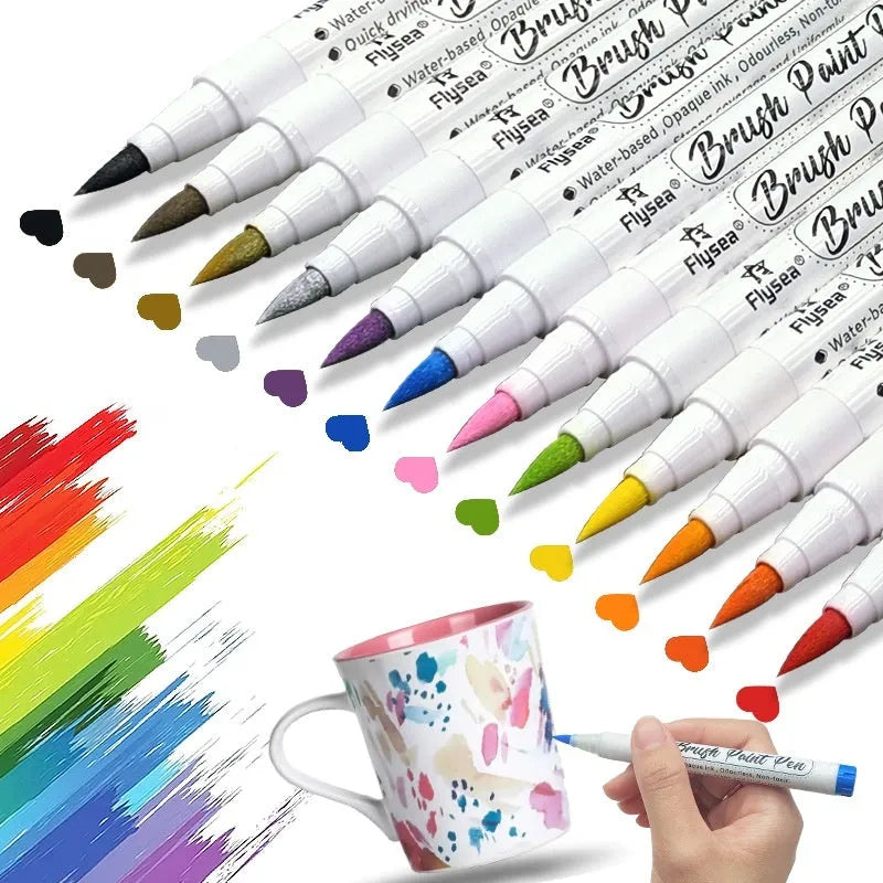 Set of soft head gouache pens with flexible tips for hand lettering and card art.