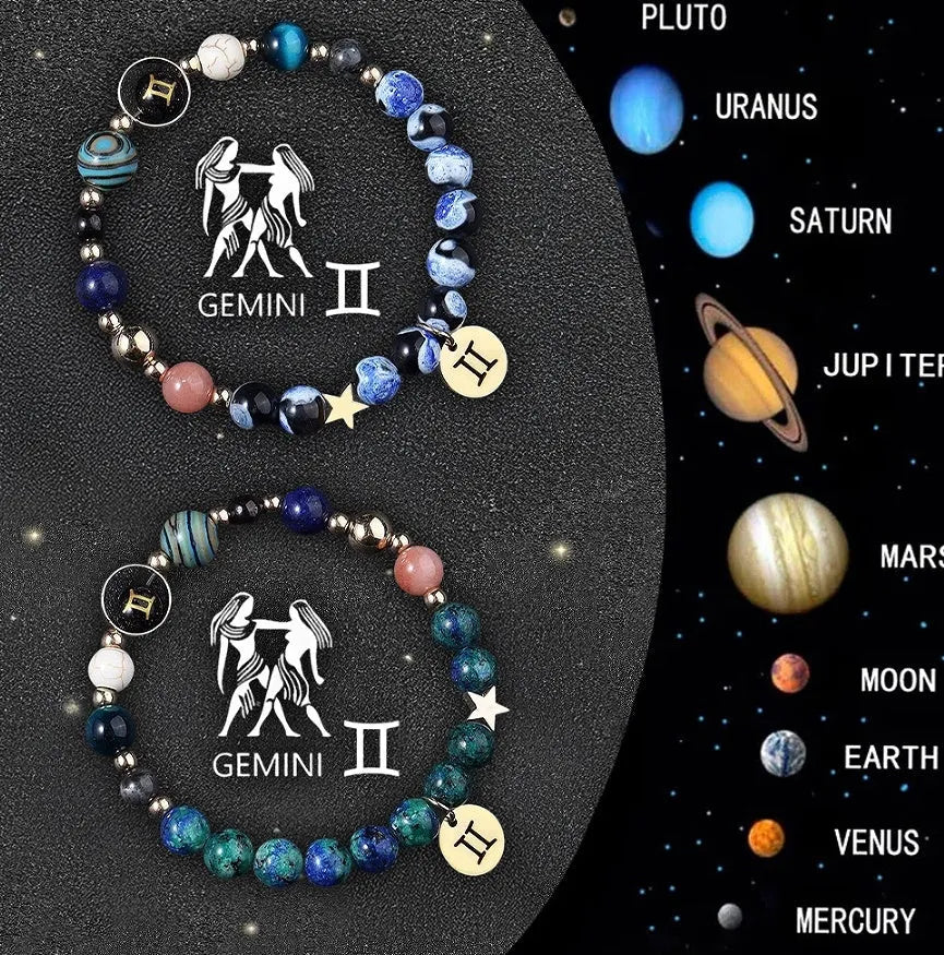 Zodiac sign bracelet with natural stone beads on elastic cord, adjustable astrology jewellery
