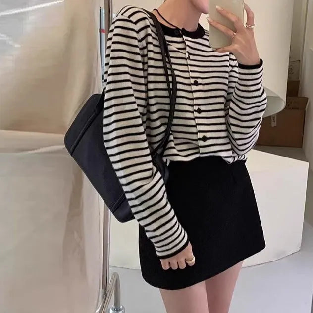 Women's dark grey and white striped cardigan coat with 40cm length and slim French style fit