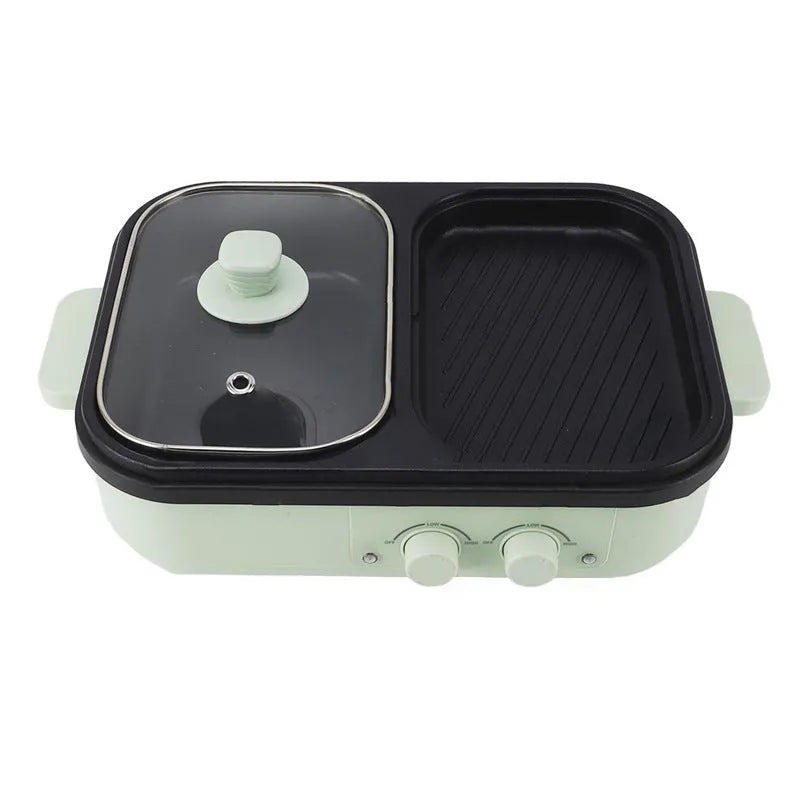 White or green dual-function electric cooking appliance serving as both hot pot and frying oven