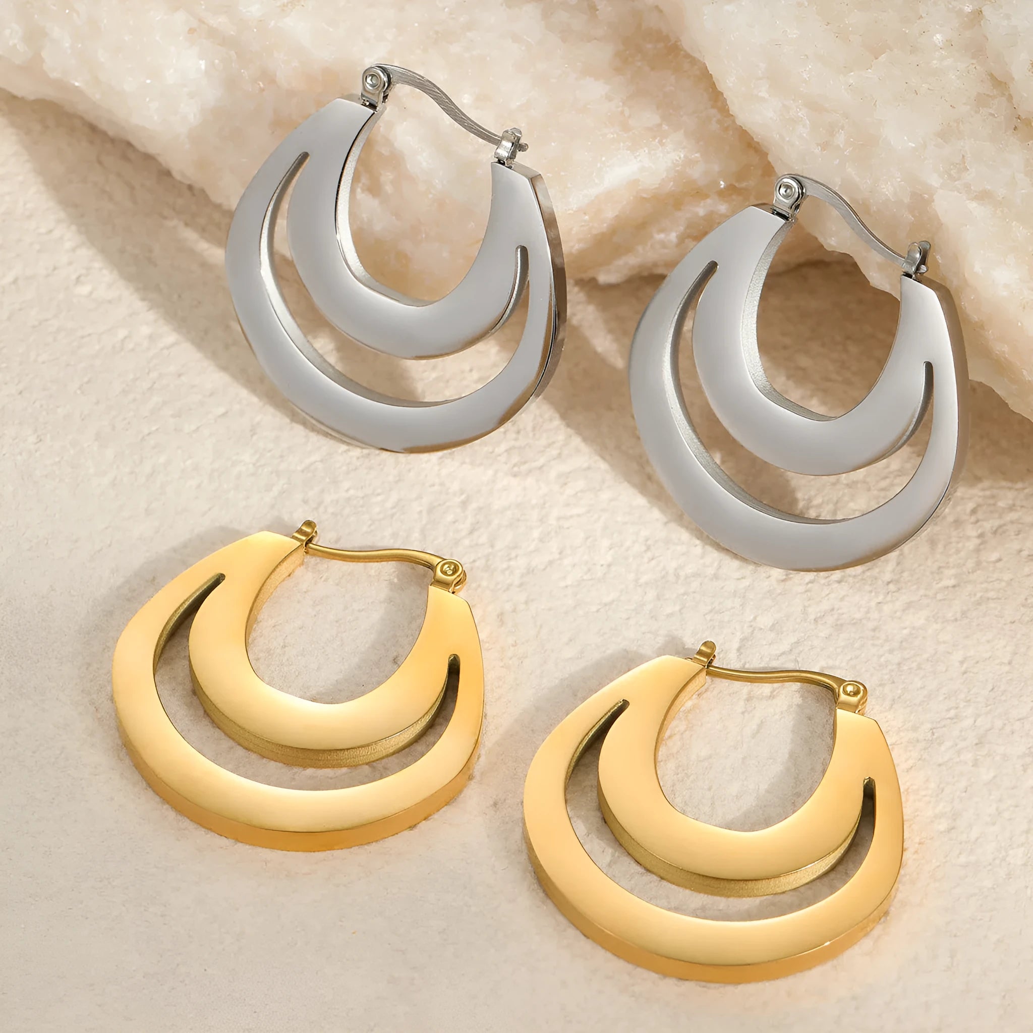 Geometric French earrings with round ring design in gold metallic finish