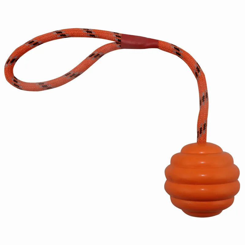 Rubber pet training ball with rope knot texture in multiple colour options