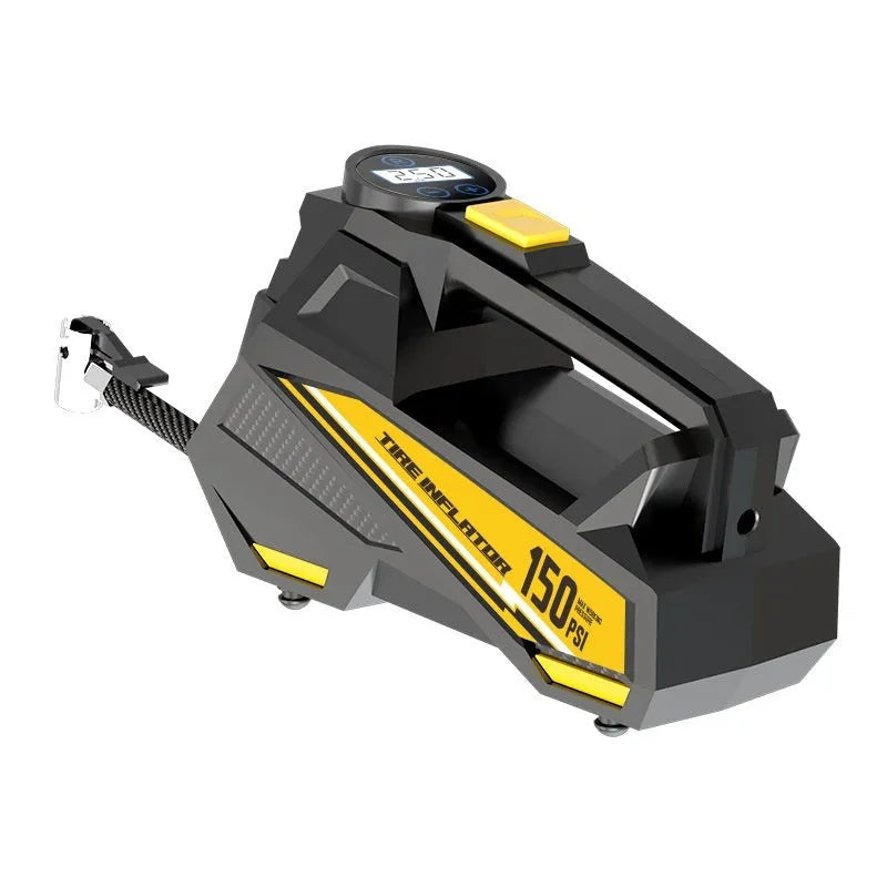 Black vehicle-mounted tyre inflator with digital display and LED lighting