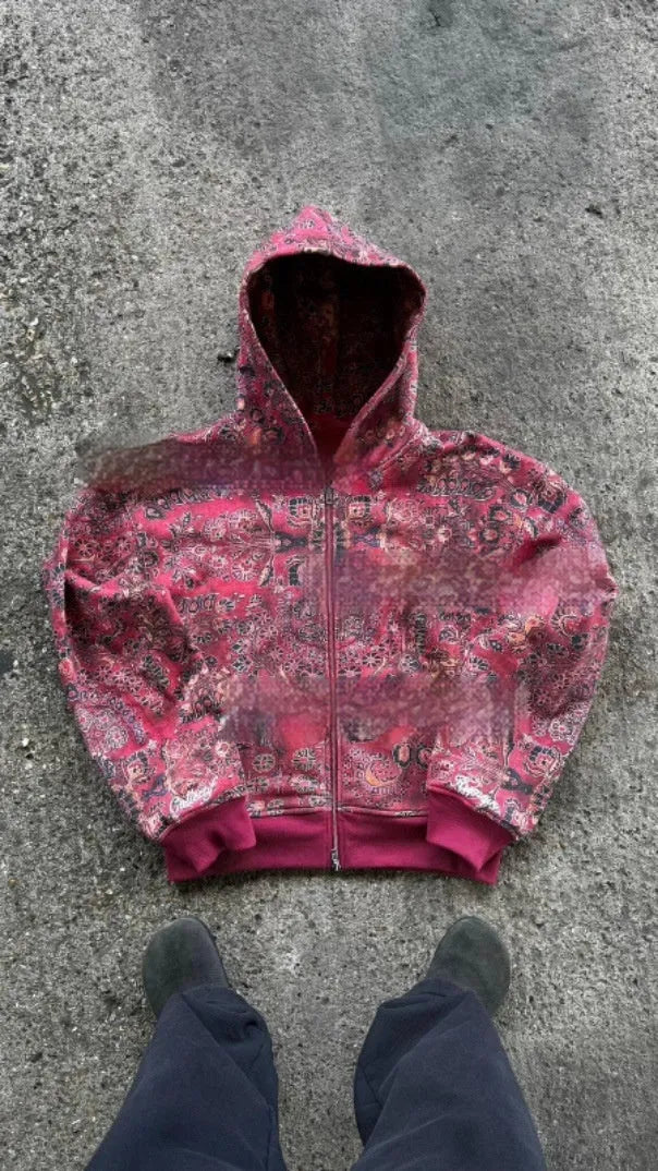 Men's blue loose hooded zip coat with digital printing showing front view