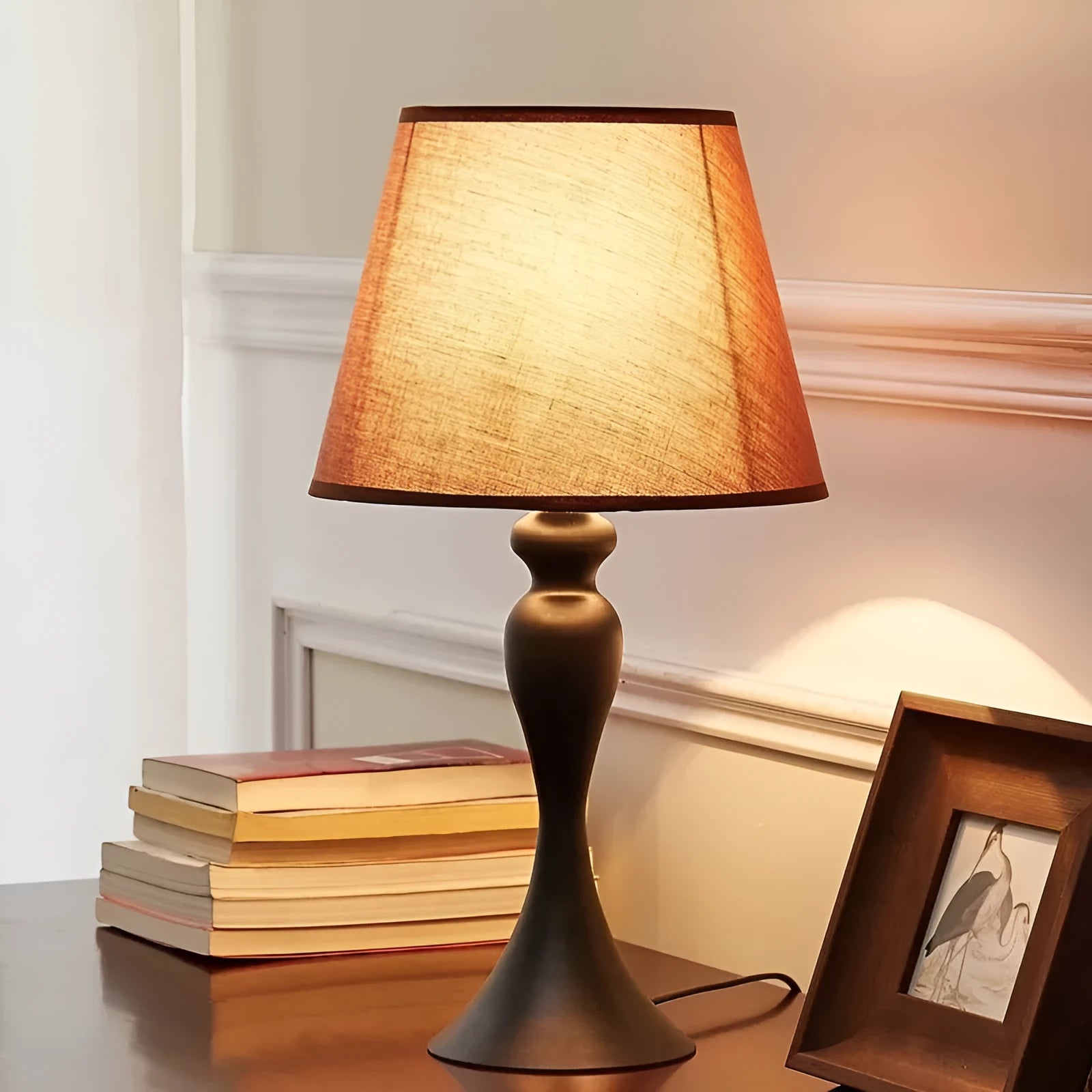 Brown retro alloy bedside lamp with dimmable LED lighting and speaker-style design