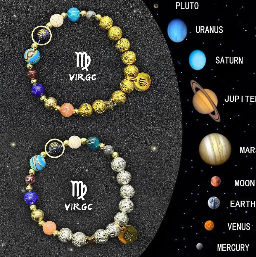 Two natural stone beaded bracelets showing zodiac sign charms on a wooden surface.