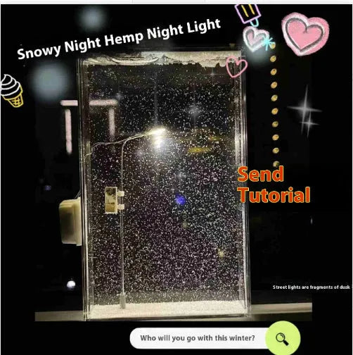 DIY material kit for assembling a snowy landscape night light with small street lamp and LED lights.