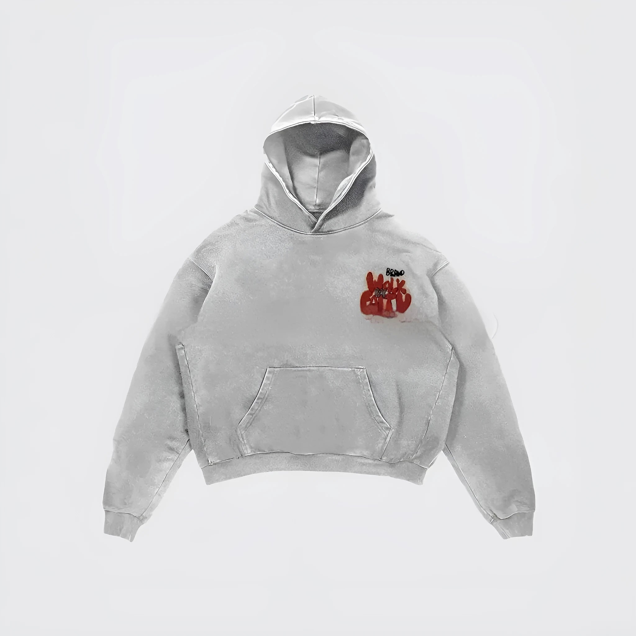 Women's granny grey hoodie with vintage letter print showing front view and pocket detail