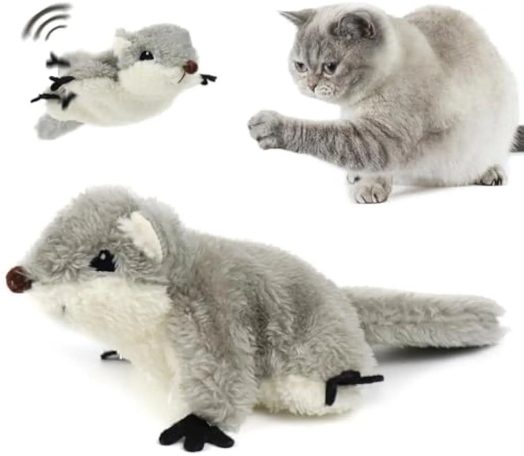 Grey flapping squirrel cat toy with waving wings showing touch-activated motion for interactive feline play