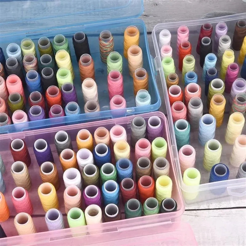Transparent plastic storage box with 42 small compartments for organising embroidery thread.