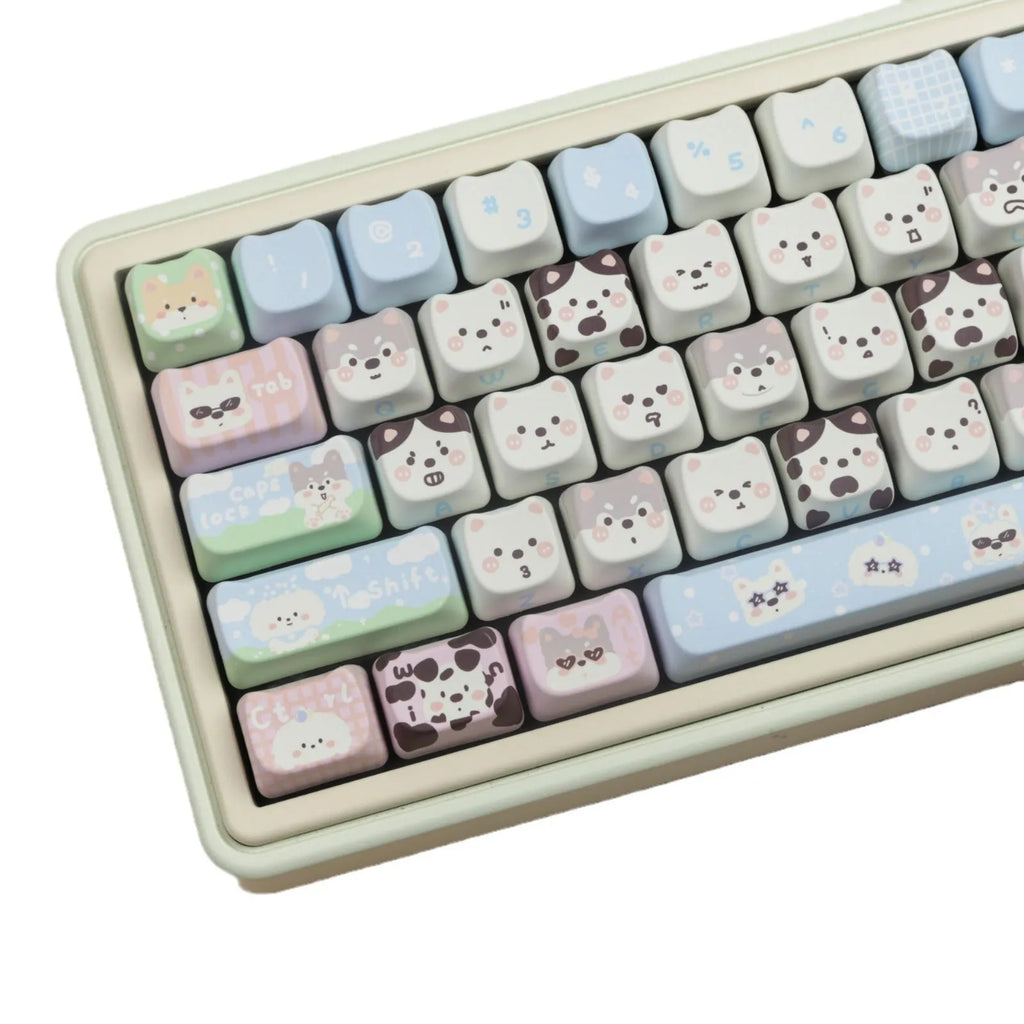 PBT sublimation keycap set with colourful cartoon puppy and cat designs for mechanical keyboards