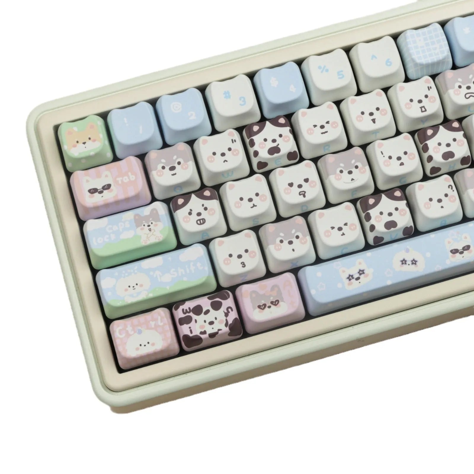 PBT sublimation keycap set with colourful cartoon puppy and cat designs for mechanical keyboards