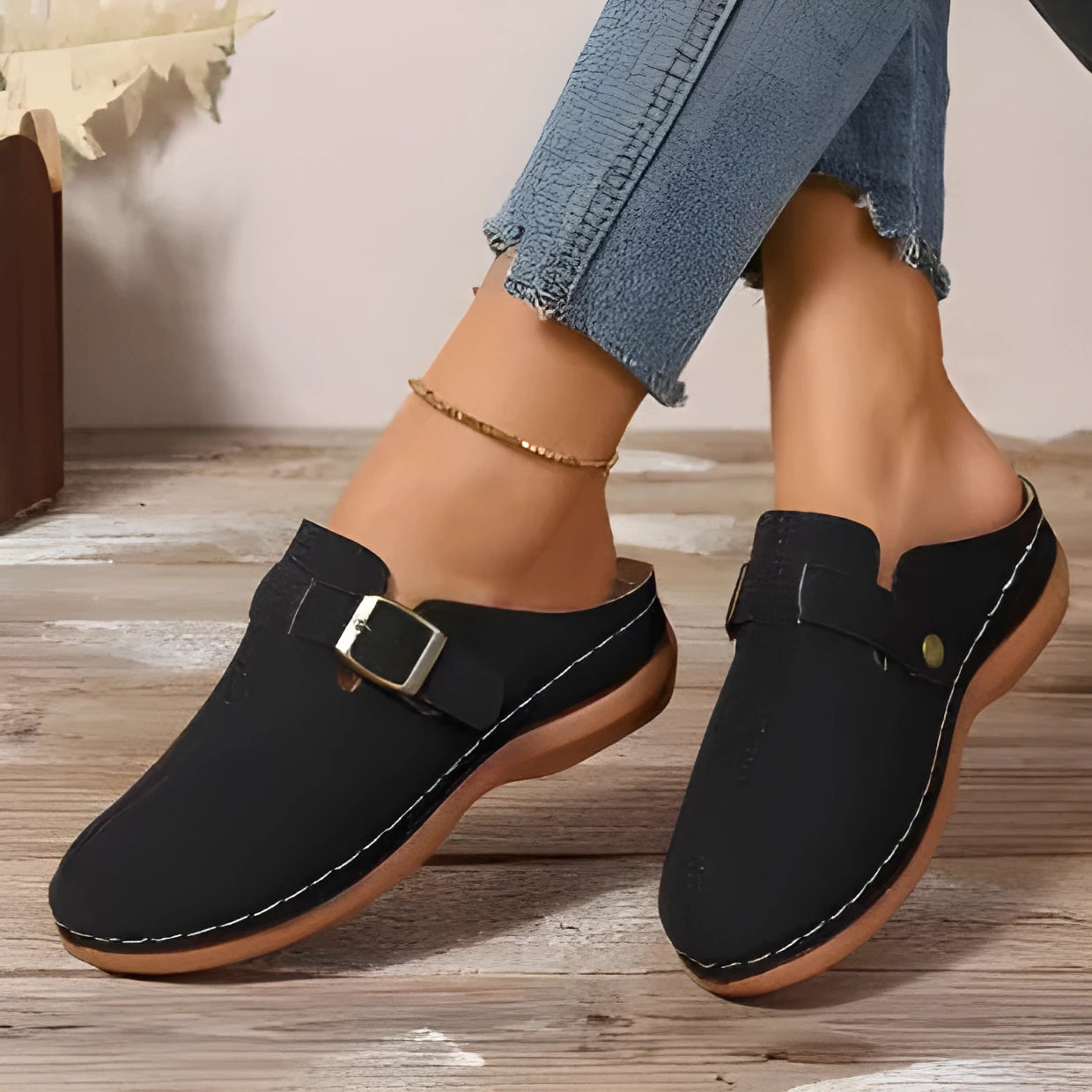 Women's casual wedge slippers in light brown with cloth upper and rubber sole