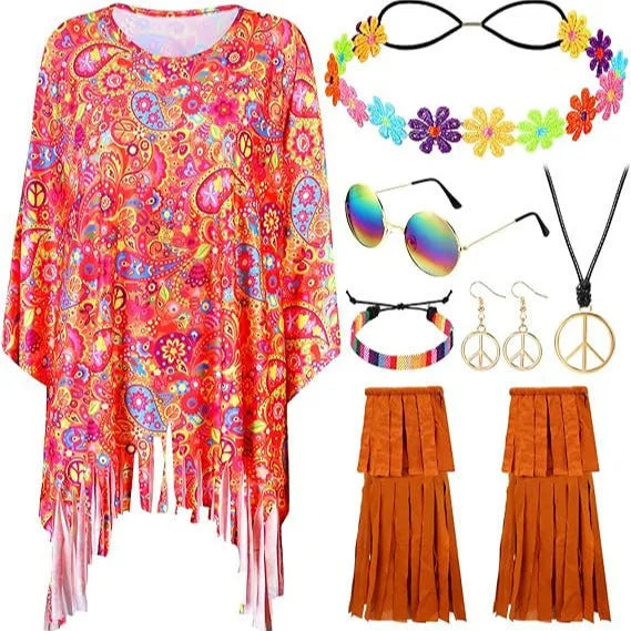 Colourful tie dye cloak costume with bell sleeves on a hanger, showing pink, rainbow, orange red, and yellow colour options.