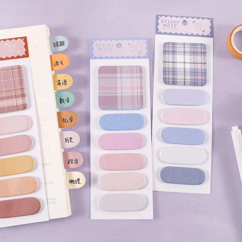 Eight colourful memo pad sticky notes showing Spring Garden, Twilight Coast, and other designs, 67mm by 200mm