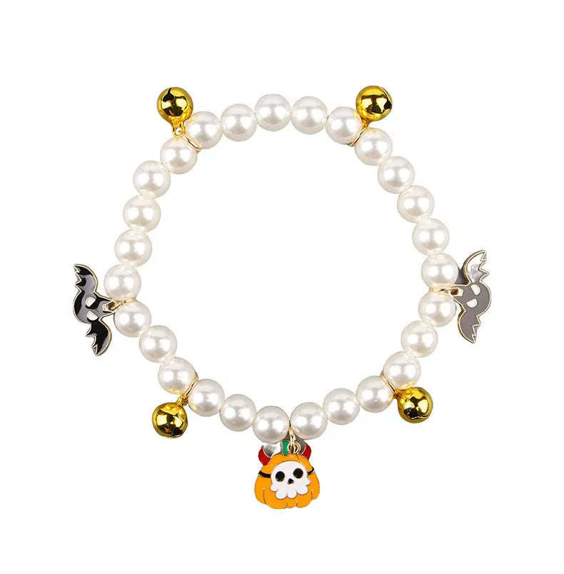 Halloween cat collar with simulated pearl necklace and purple ghost pumpkin ornament