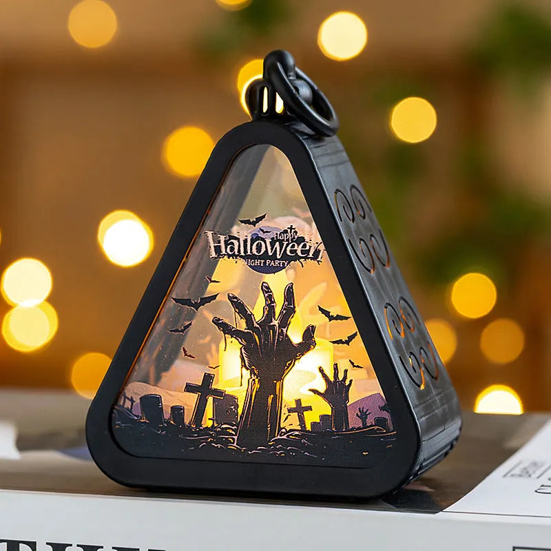Portable Halloween pumpkin lamp decoration with plastic and glass construction measuring 8.9cm