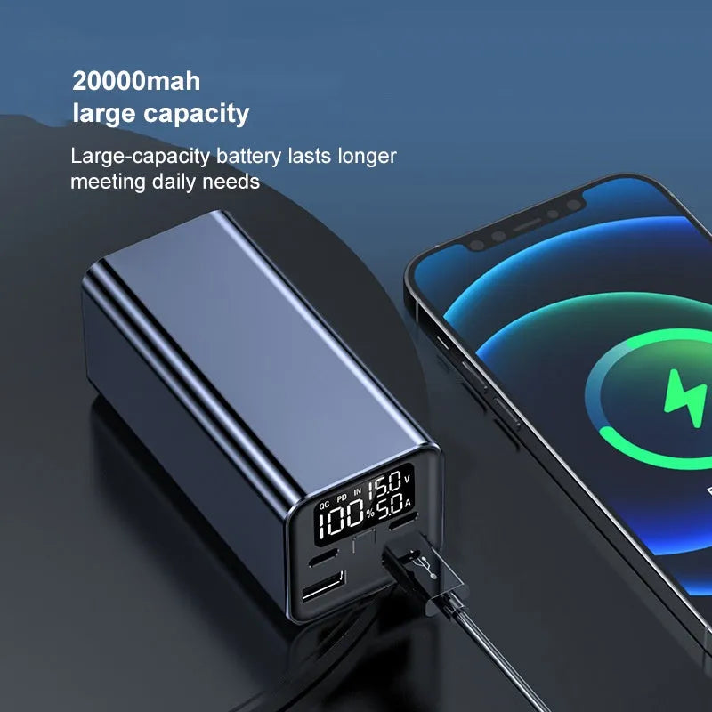 Black high power 65W metal laptop charging bank showing size and ports.