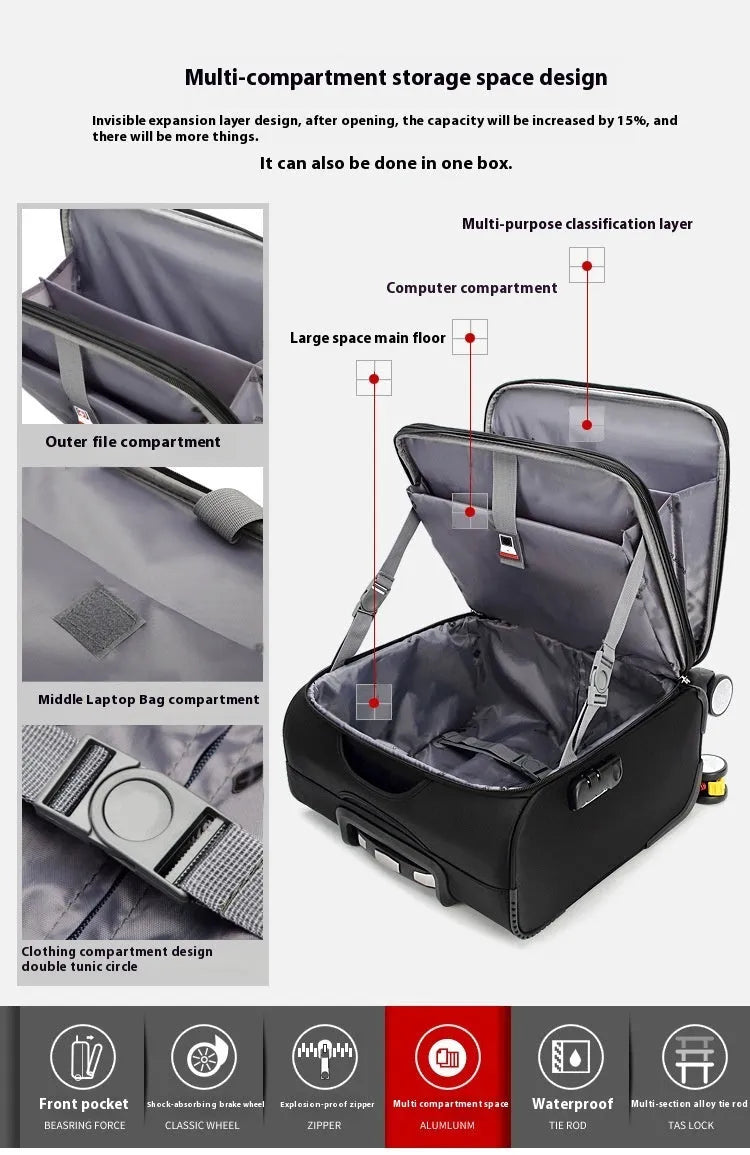 Black 18-inch waterproof oxford cloth carry-on suitcase with universal wheels