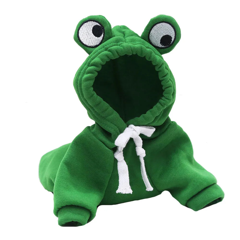 Green frog costume hoodie on small dog showing frog pattern design and hoodie style
