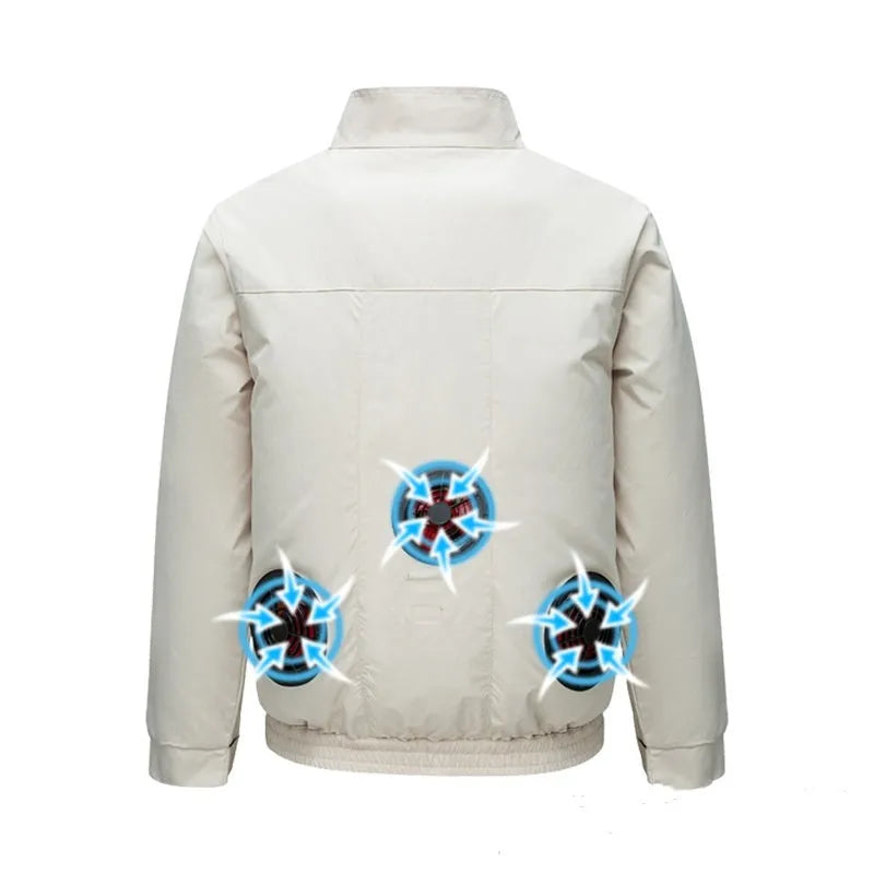 Men's black smart air conditioning outdoor work jacket with built-in cooling fan system and multiple ventilation holes.