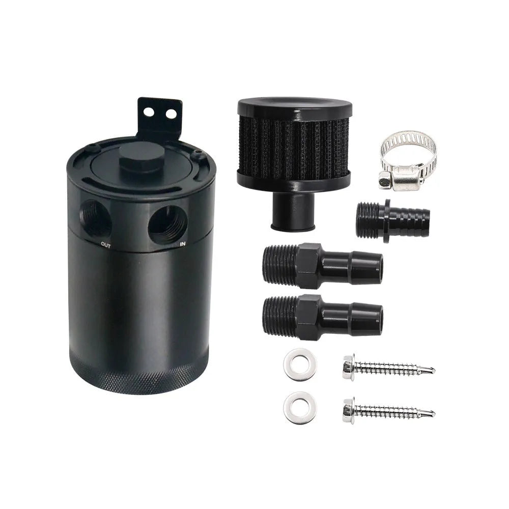 Black aluminium automotive oil pot with two-hole breathable design and connector fittings