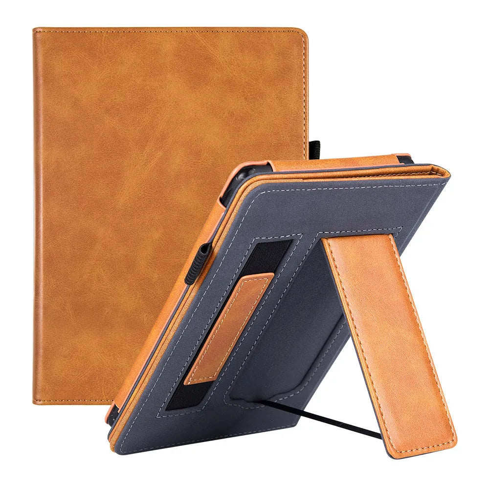 Kindle Paperwhite 5 leather case showing hand strap bracket and magnetic closure in a choice of colours and designs.