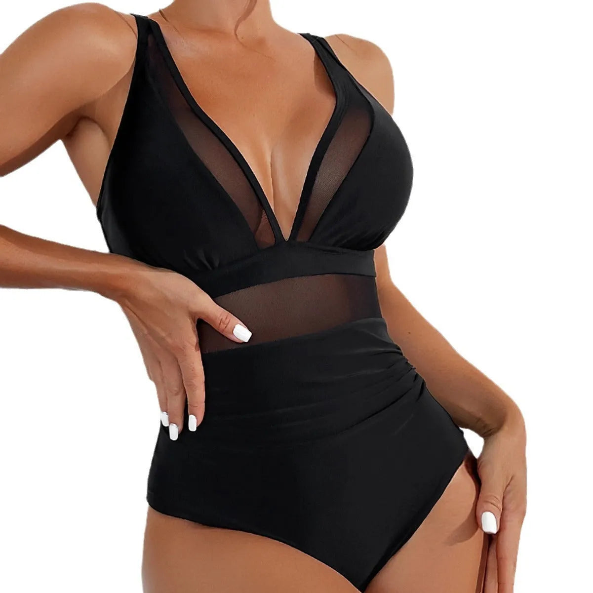 Black women's one-piece swimsuit with halter neck and mesh detail