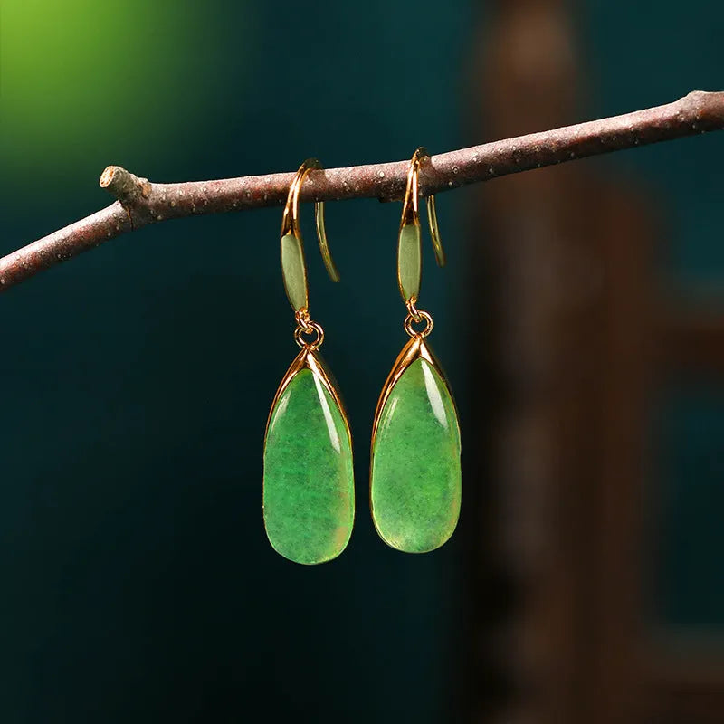 Geometric Chinese-style earrings with water droplet elements in electroplated jade colour on copper