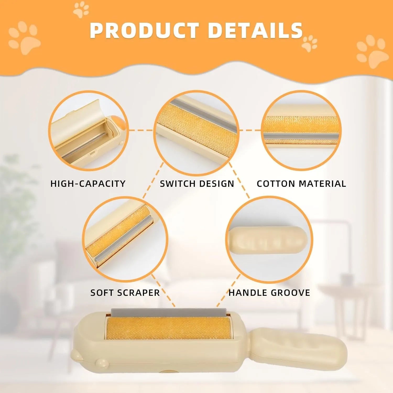 Blue reusable pet hair remover roller with self-cleaning base on a fabric sofa.